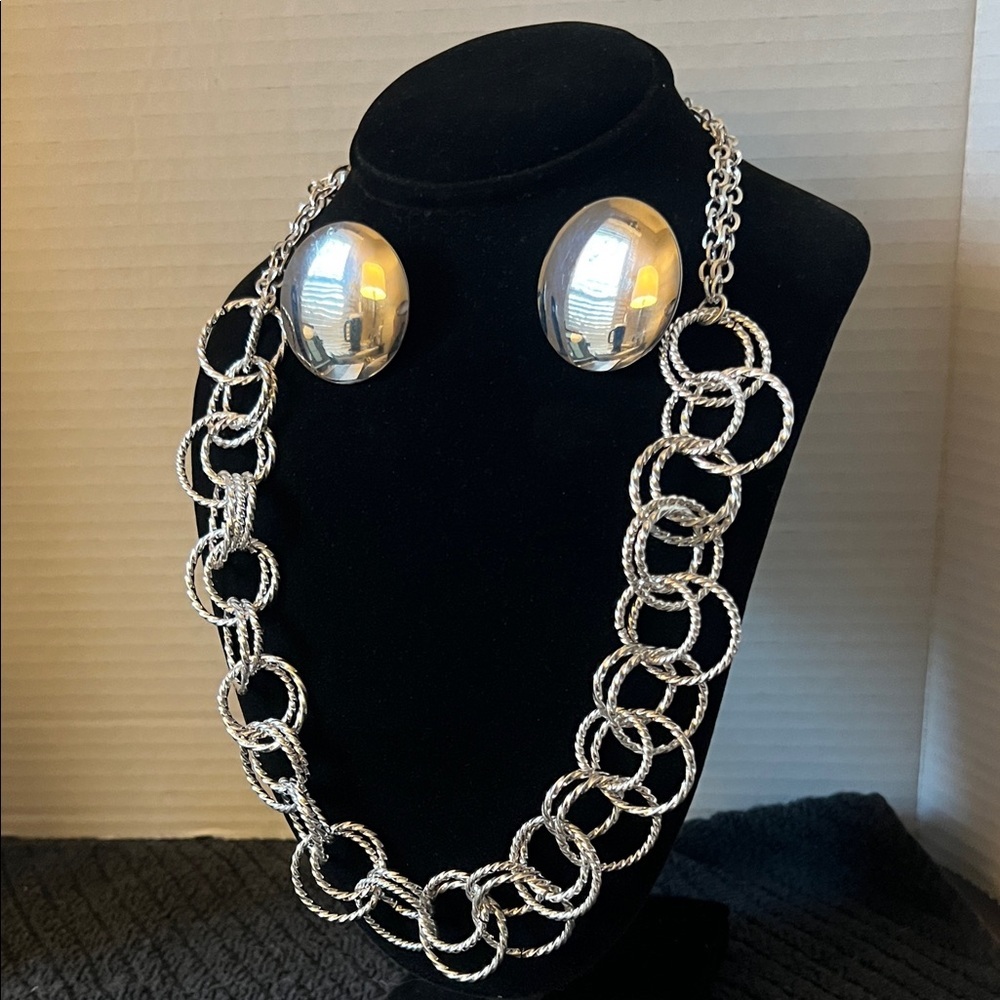 Elegant Silver Chain Necklace and Clip-on Earring Set “14 Total Drop